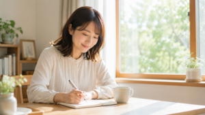 ノートに自分の気持ちを書き出している30代女性。朝の自然光が入り、穏やかな表情