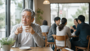 周囲には楽しそうに会話する人々がいるが、男性はコーヒーカップを持ちながら少し考え込んでいる。人の視線や評価を気にしているような雰囲気