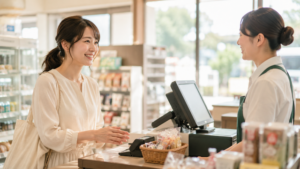コンビニやカフェのレジで店員に自然な笑顔で「ありがとうございます」と伝えている瞬間