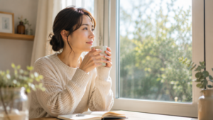 宅の窓辺で温かい飲み物を飲みながら考え事をしている