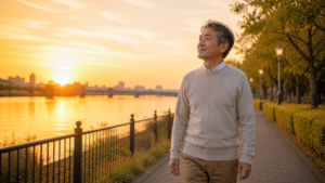 悩みや考え事を少し手放し、風景を眺めながら歩いている様子