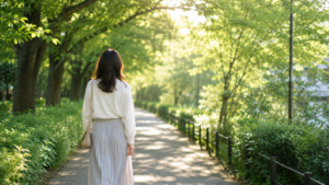 緑の遊歩道をゆっくり歩く後ろ姿。木漏れ日が差し込み、少しずつ気持ちが整っていく雰囲気