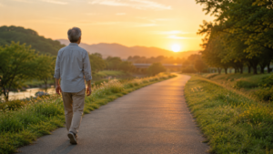 一本道が遠くまで続き、柔らかな夕日が差している。人生の方向性を自分で選んで進んでいくイメージ。希望と安心感が感じられる