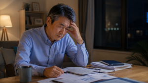 ノートや書類を前に考え込んでいる。表情には不安と責任感がにじむ。仕事や将来について考えすぎている様子