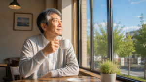 男性が温かいコーヒーを飲みながら外を眺めている。表情は自然で穏やか。何かを達成したわけではないが、自分を受け入れられた安心感がある