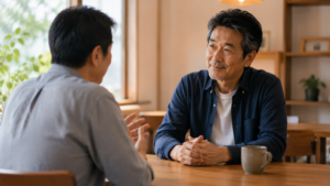片方が静かに悩みを話し、もう片方はアドバイスを急がず、穏やかな表情で耳を傾けている。温かい室内。共感や寄り添いを感じる雰囲気