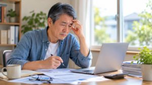 何かの数字や結果を見ながら少し疲れた表情をしている