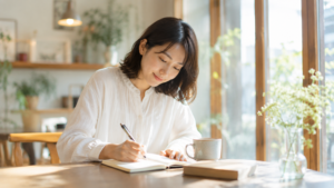 自分のペースを取り戻したような穏やかな表情。無理に頑張るのではなく、自分にできることを大切にする前向きな雰囲気