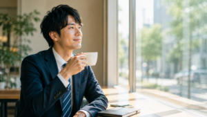 商談やプレゼンを終えた後肩の力が抜けた穏やかな雰囲気。やってみたら意外と大丈夫だったという安心感