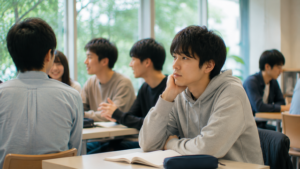 職場の休憩スペースで周囲の会話を静かに聞いている。話に加わりたい気持ちはあるが、言葉を選びすぎてタイミングを逃している様子