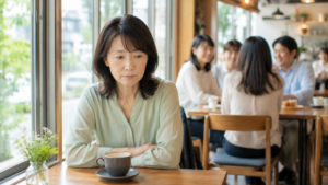 周囲には楽しそうに会話する人々がいるが、女性は少し視線を落とし、自分と誰かを比べているような表情
