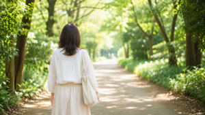 朝の柔らかな木漏れ日。焦らず自分のペースで前へ進んでいる様子が伝わる。希望と安心感のある雰囲気