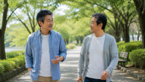 お互い穏やかに話しているが、支え合いながらも適度な距離感がある。寄り添うことと背負うことの違いを感じさせる