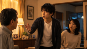 家族に向かって思わず声を上げている場面。怒鳴っているのではなく、本当に伝えたい気持ちがあふれた瞬間。周囲の家族は驚いた表情。温かさと緊張感が同居する場面
