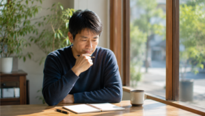 男性がメモを見ながら考えている。窓から自然光が差し込み、『本当にそうだろうか?』と冷静に考え直している様子