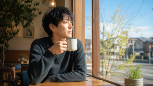 無理に話そうとしていない自然体の雰囲気。静かな自信と安心感を感じさせる