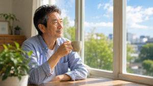 温かいコーヒーを飲みながら窓の外を眺めている。表情は穏やかで、自分の心を取り戻したような雰囲気