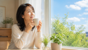 自分を少し受け入れられたような雰囲気。青空が広がり、心が軽くなったことを感じさせる