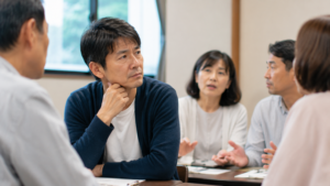 誰かの発言を受けて少し複雑な表情を浮かべている。周囲の人々は普通に話しているだけだが、男性は『みんな』という言葉の重さを感じている様子