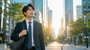 朝日がビルの間から差し込み、新しい一日が始まる雰囲気。不安と期待が入り混じるイメージ