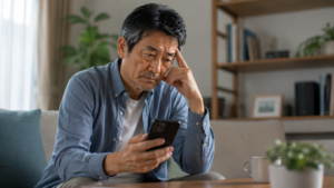 家族や友人から届いた相談メッセージを読んでいるような雰囲気。相手を心配する気持ちと、自分まで苦しくなっている様子