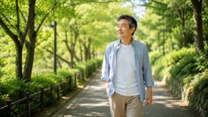 木漏れ日の差し込む遊歩道。6男性がゆっくり歩いている。表情は穏やかで自然体。大きく笑っているわけではないが、自分のペースを取り戻している様子