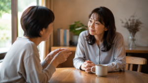 木製テーブルを挟んで向かい合う二人。片方が静かに話し、もう片方が穏やかな表情で耳を傾けている