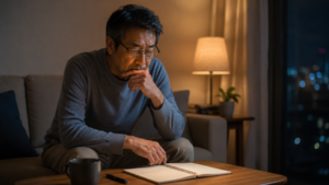 夜のリビング。男性がソファに座り、テーブルの上のノートを見ながら考え込んでいる。仕事や将来のことを考えすぎているような様子。不安と向き合っている場面
