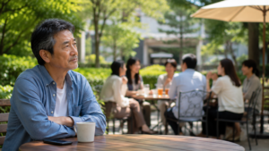 休日の公園やカフェテラス。周囲では楽しそうに会話する人たちがいる。少し離れた場所で男性がその様子を静かに眺めている。羨ましさと憧れが混ざったような表情
