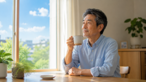 男性が温かい飲み物を手に静かにくつろいでいる。窓の外には青空。表情は穏やかで、自分の気持ちを少し受け入れられたような雰囲気