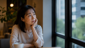 女性が誰かと話したあと、一人で窓の外を見つめている。表情には少し傷ついた様子がある。相手は悪気なく励ましたのに、どこか理解されなかったような雰囲気
