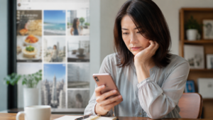 机に向かう日本人女性。スマートフォンを見ながら少し考え込んでいる。背景にはSNSのような画面がぼんやり見える。比較や不足感を感じている様子