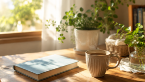 お気に入りのマグカップ、本、観葉植物、やわらかな朝日。日常の小さな豊かさを感じるテーブル風景