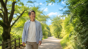青空の下をゆっくり歩く60代前後の男性。木漏れ日のある遊歩道。表情は穏やかで前向き。未来へ向かって自然に歩き出している雰囲気。