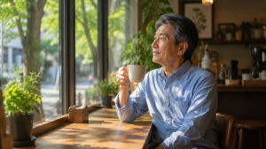 木漏れ日の差し込むカフェの窓際席。60代男性がコーヒーを飲みながら穏やかな表情で外を眺めている