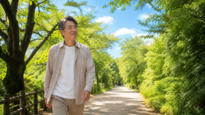 木漏れ日のある遊歩道を一人でゆっくり歩く60代前後の日本人男性。周囲に人はいない。表情は穏やかで前向き。青空と緑に囲まれ、自分のペースで歩いている様子。