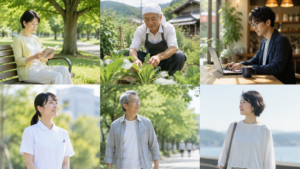 さまざまな年代や職業の日本人が、それぞれ違う場所で自然に過ごしている様子