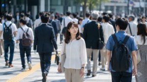 一人の女性が立ち止まり少し戸惑った表情をしている。周囲から浮いているというより、自分の居場所を探しているような雰囲気
