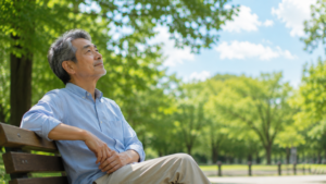 木漏れ日の差し込む公園のベンチ。男性が静かに座り、空を見上げている。表情は穏やか。頭の中の考えから少し離れ、今この瞬間を感じている様子