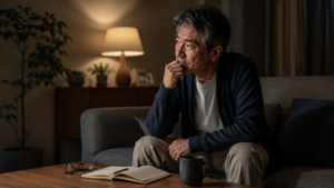 男性が一人でソファに座り、少し考え込んでいる。周囲は静か。テーブルには読みかけのノートと眼鏡。未来のことを考えすぎているような雰囲気