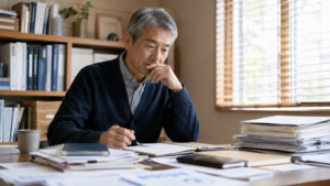 男性が頭を抱えるのではなく、静かに考え込んでいる。責任感の強さと忙しさが伝わるが、悲壮感はない