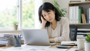デスクで仕事をしている女性。パソコンや書類が並び、少し疲れた表情をしている。休みたい気持ちはあるが、まだ頑張ろうとしている様子。