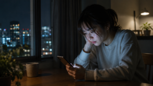 夜の静かな部屋。テーブルの上のスマートフォンを見つめる女性
