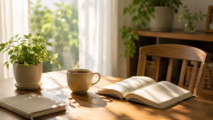 朝の光が差し込む部屋。木製テーブルの上に温かいコーヒー、読みかけの本、観葉植物。静かで落ち着いた空気。何もしない時間を安心して過ごしているイメージ。