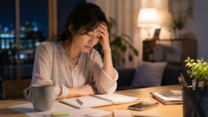 仕事帰りの女性が椅子に座り、少し疲れた表情で考え込んでいる。机の上には手帳やスマートフォン。頑張りすぎている状態
