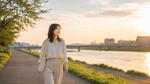 表情は穏やかで、肩の力が抜けている。広い空と柔らかな夕方の光。誰かの評価ではなく、自分のペースで歩いていることが伝わる