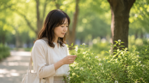 立ち止まり、小さな花や木の葉を見つめている。物事を別の角度から見直しているようなイメージ