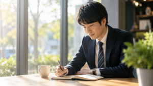 。ノートを開きながら穏やかな表情で何かを書き留めている。自分を責めるのではなく、前向きに工夫を考えている