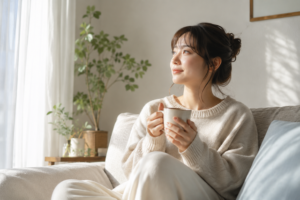 ソファに座り、温かい飲み物を手に落ち着いた表情で過ごす女性