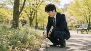 足元の小さな花に気づいて立ち止まり、穏やかな表情で見つめている。視点を変えることで新しい気づきを得る